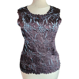 Vintage Y2K Zachi Crinkled Textured Blouse L/XL Scalloped Neck Blue Brown